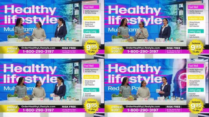 电视美容产品商业广告: 主持人、专家、医生谈话、展示美容产品盒子、保健补充剂、化妆品的多元化团队。播