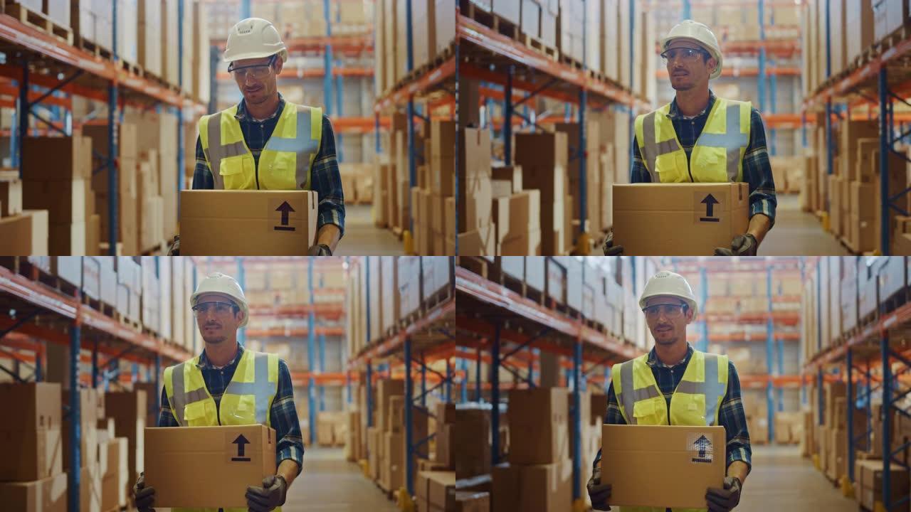 帅气的男工人戴着安全帽，拿着纸板箱，穿过摆满货架的零售仓库。在物流配送中心工作。慢动作拍摄后的正面