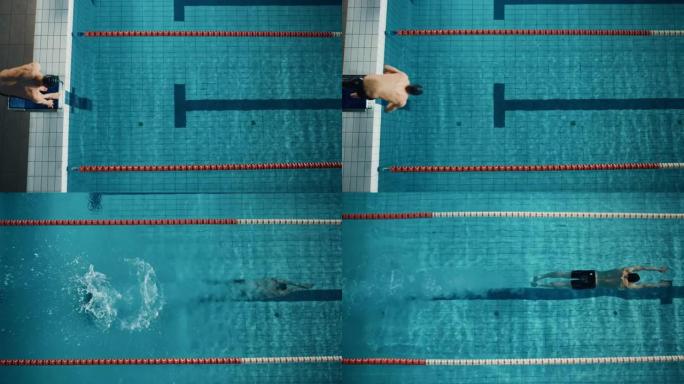 空中俯视男子游泳运动员在奥林匹克游泳池潜水和游泳。专业运动员在锦标赛上表演，使用蝶式。取胜的决心。电