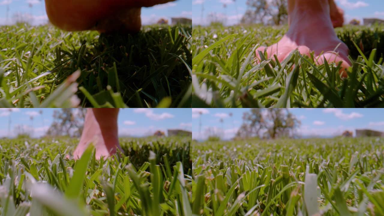 特写镜头，DOF: 年轻女性赤脚在割草上踩踏的详细视图
