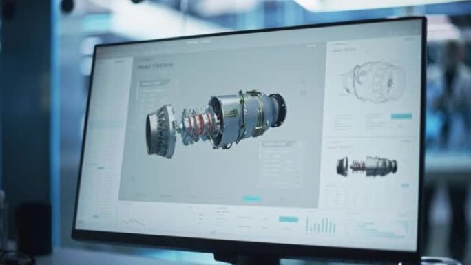 使用带有原型涡轮电机项目的3D cad软件关闭计算机监视器显示。与工业发动机原型的重要设置和编程选项