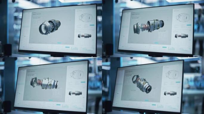 使用带有原型涡轮电机项目的3D cad软件关闭计算机监视器显示。与工业发动机原型的重要设置和编程选项