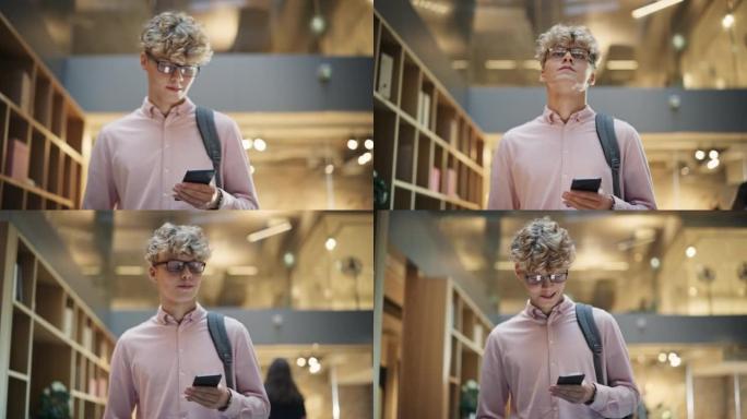 一位年轻的白人男子的肖像走过公司办公大楼，在智能手机上浏览网页并微笑着。成功的企业家走过来思考创业战