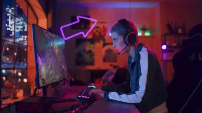 专业电子竞技女玩家在家里强大的个人电脑上玩RPG策略视频游戏，有很多动作和乐趣。网络游戏时尚复古霓虹