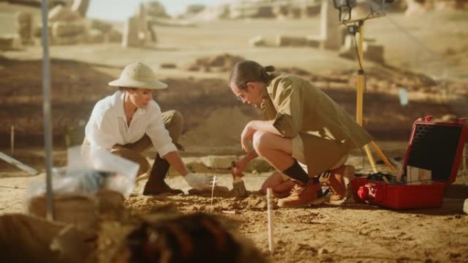 考古挖掘现场: 两位伟大的考古学家在挖掘现场工作，用刷子和工具仔细清理新发现的古代文明文化文物，化石
