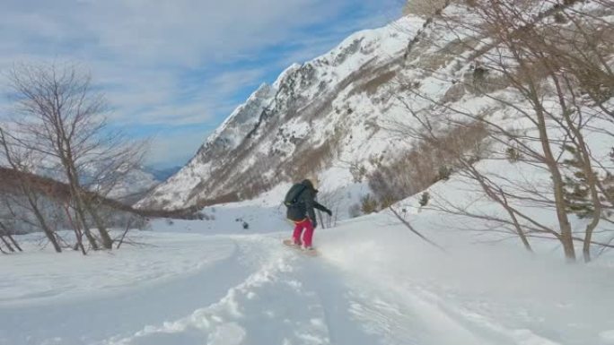 自由骑行女士在滑雪板上快乐地骑行，喷洒着粉末雪