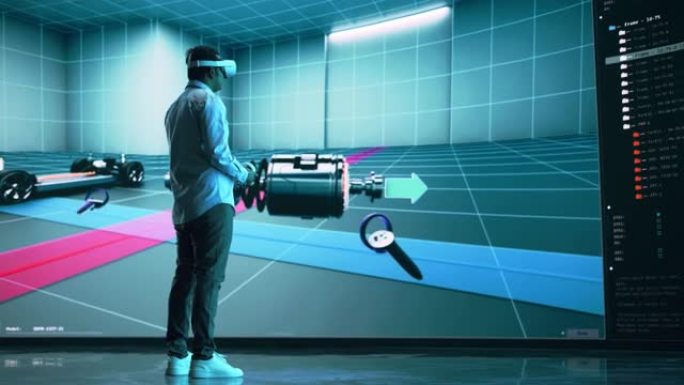 汽车工程师介绍了现代VR软件测试和开发车辆平台。工程师使用耳机和控制器在舞台上的大屏幕上展示功能。