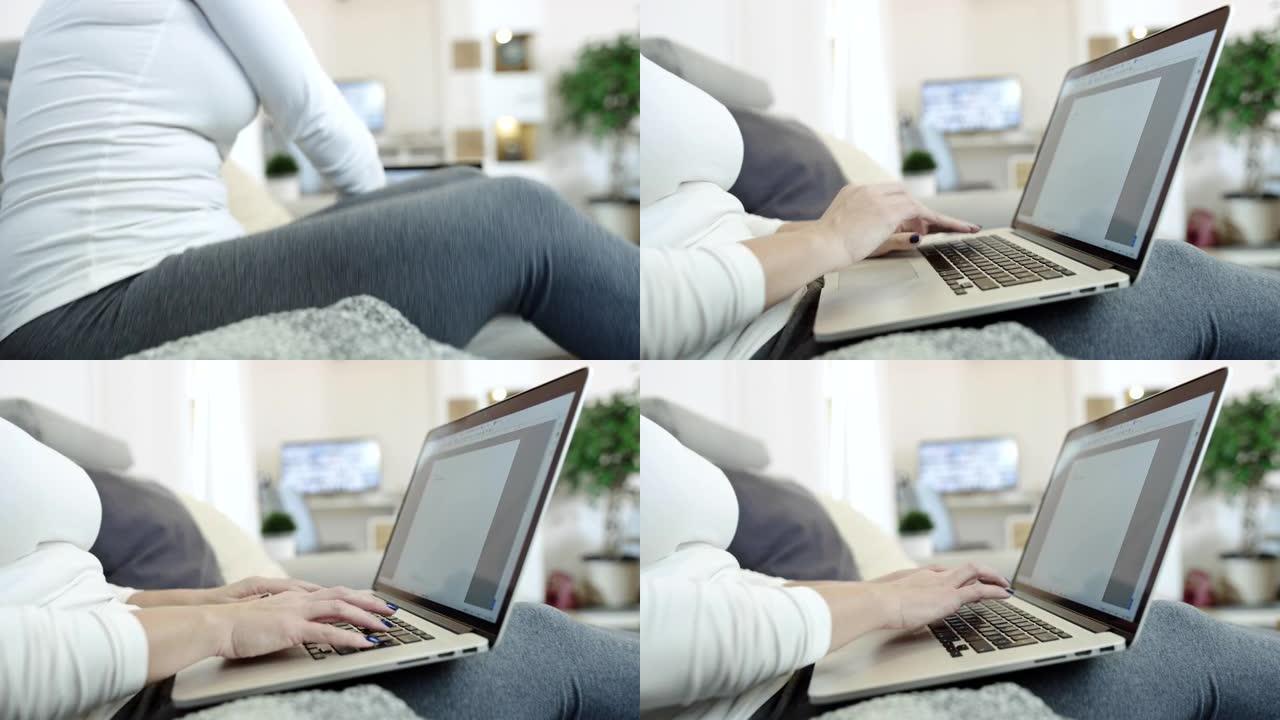 DS女人在沙发上使用笔记本电脑
