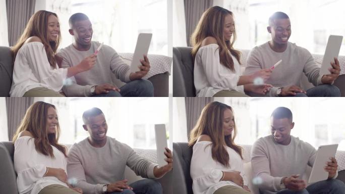 一对年轻夫妇的4k视频录像使用平板电脑通话，分享他们正在期待婴儿的消息