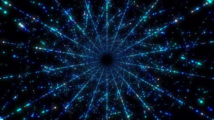 无缝数字抽象隧道，由闪烁的点和线组成，蓝色白色。循环3d动画闪闪发光的粒子数字未来概念。