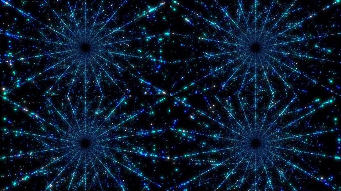 无缝数字抽象隧道，由闪烁的点和线组成，蓝色白色。循环3d动画闪闪发光的粒子数字未来概念。