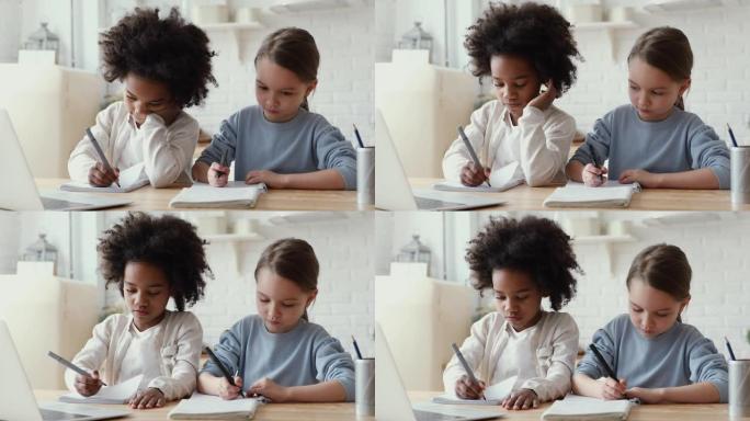 认真的小混血儿女童写字作业，远学。