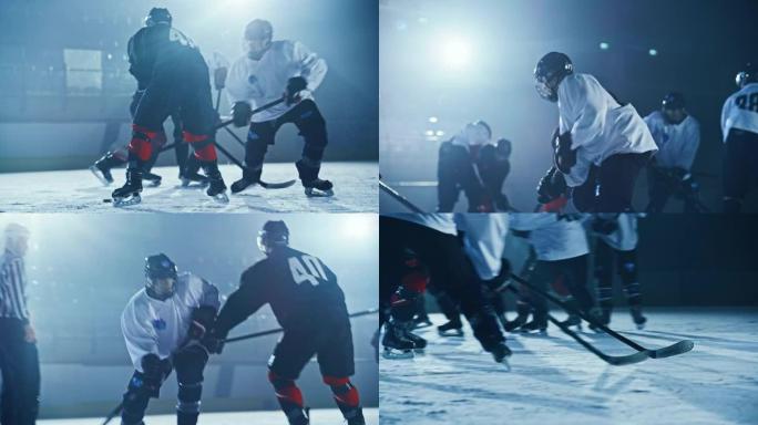 冰上曲棍球场: 职业后卫球员进攻，积极推动攻击者，试图抓住冰球。具有技能，速度，能量，力量的激烈竞争