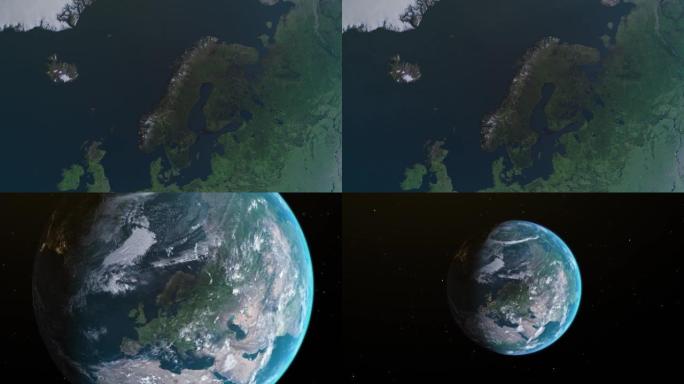 挪威地图，通过4k照片真实的动画地球仪放大到空间，全景包括亚洲，非洲和欧洲。史诗旋转世界动画，现实地