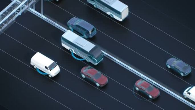 高速公路自动驾驶，人工智能，物联网连接汽车。蓝色x射线视图，4k动画。
