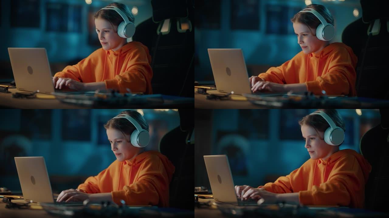 戴着耳机的聪明小男孩在家里黑暗舒适的房间里使用笔记本电脑。快乐的青少年在线浏览教育研究，在社交媒体上