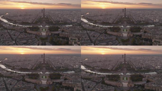 在剪影中，鸟瞰图的巴黎城市景观与埃菲尔铁塔。欧洲旅行。