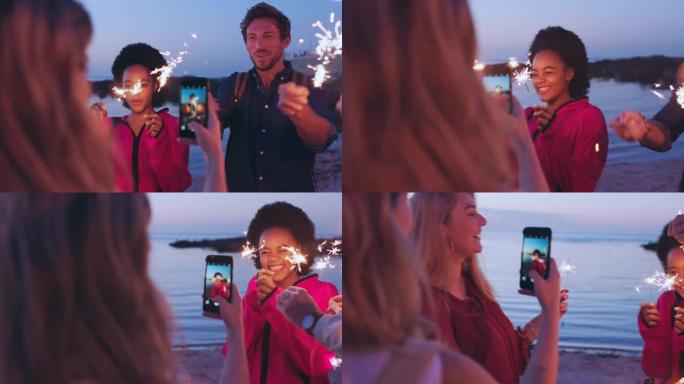 海滩，庆祝活动和朋友用智能手机录制视频，在海洋上进行新年户外聚会，社交媒体发布和有趣的记忆。巴厘岛度