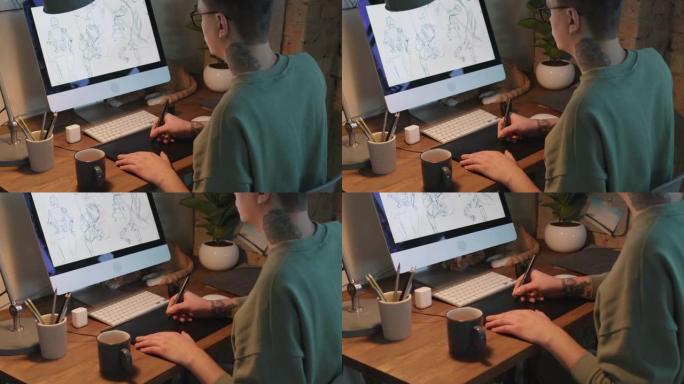 男性平面设计师用平板电脑绘制草图