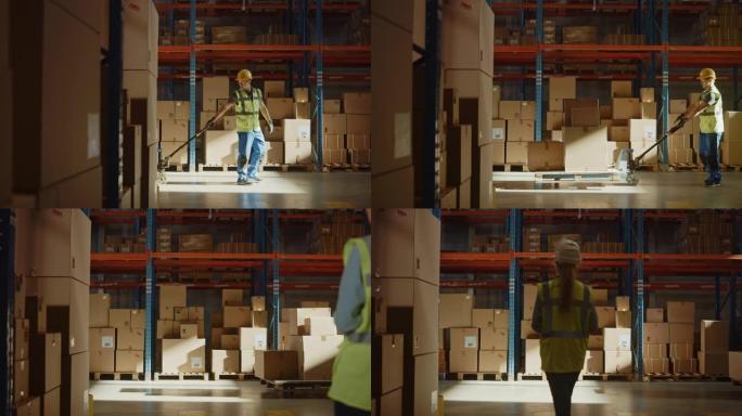 工人使用手动托盘车移动纸板箱，在零售仓库的成排货架之间行走。人们在产品配送物流中心工作。侧视图慢动作