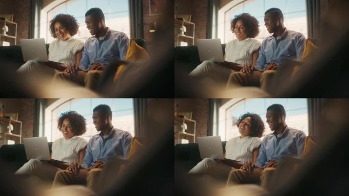 可爱的黑人夫妇使用带有会议视频通话应用程序的笔记本电脑聊天，挥手打招呼并问候朋友或亲戚或商业伙伴。远