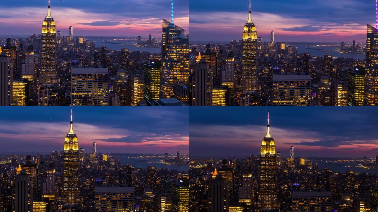 延时:鸟瞰图纽约市城市景观美国黄昏日落