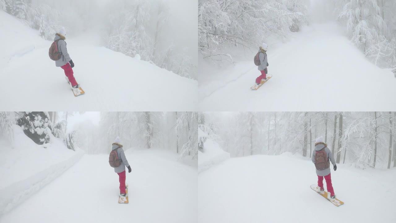 运动女滑雪板沿着穿过雾蒙蒙的森林的修饰斜坡。