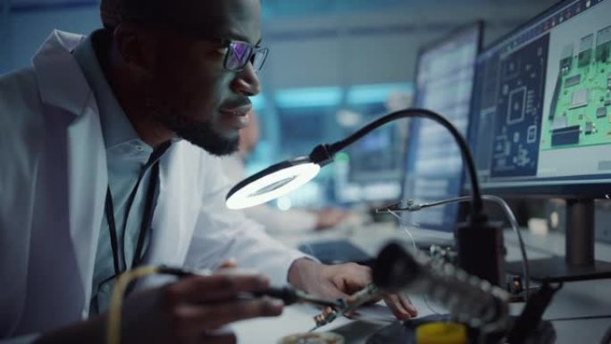 现代电子研究、开发设施: 黑人男性工程师做电脑主板焊接。科学家设计PCB、硅微芯片、半导体。特写镜头