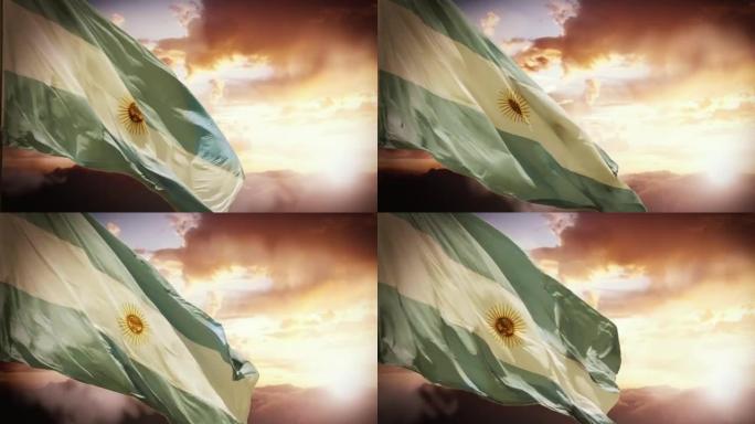 阿根廷国旗与山在日落。