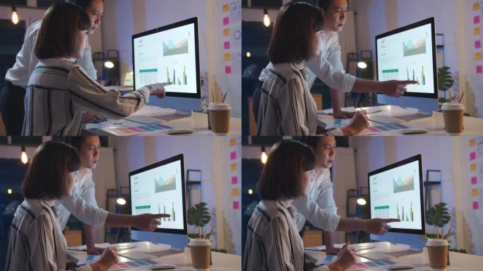 使用计算机演示和交流会议的商人对新项目同事的头脑风暴想法在夜间家庭办公室工作计划成功策略。