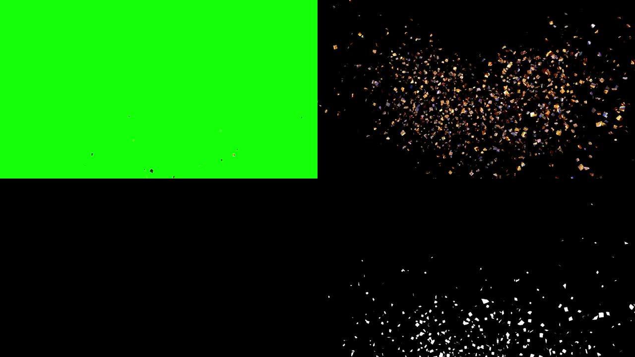 彩色五彩纸屑在4k的屏幕侧面爆炸，带有分开的阿尔法通道和绿色