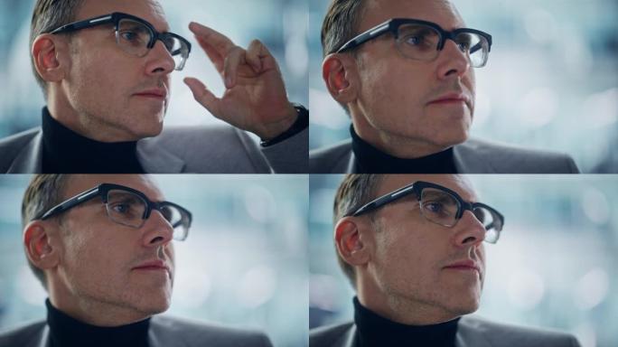 成功的中年白人男子的肖像戴着时尚的眼镜看着相机的侧面。聪明的高管。数字企业家思考，寻找解决方案。抽象