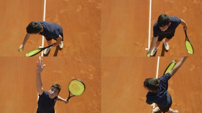 在阳光明媚的日子里，一名年轻的男性青少年网球运动员在球场上打友谊赛或训练锻炼游戏时正在发球。