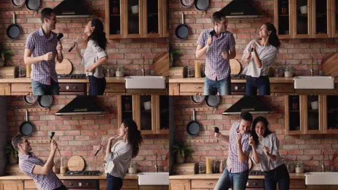配偶跳舞唱歌，拿着像麦克风一样的厨房用具