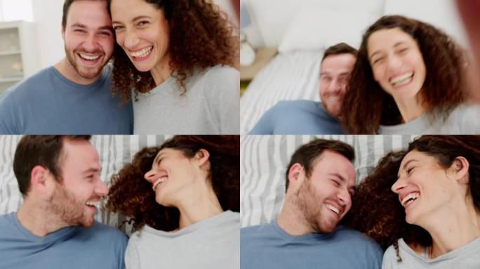 夫妻，爱情和幸福的自拍照在卧室的床上，一起度过浪漫的回忆。在线，社交媒体或互联网帖子的顶视图，情感和