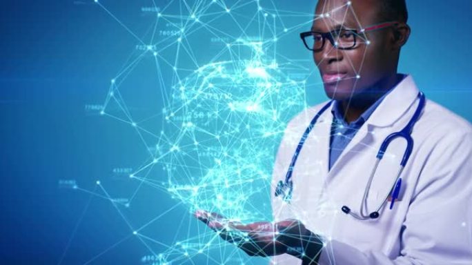 美丽的全息图慢动作肖像成功的医生与未来技术蓝色全息图分析数据合作。美国黑人医学3d动画现代数字医疗网