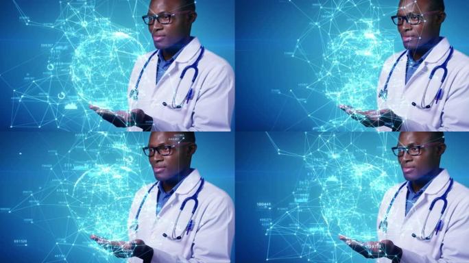 美丽的全息图慢动作肖像成功的医生与未来技术蓝色全息图分析数据合作。美国黑人医学3d动画现代数字医疗网