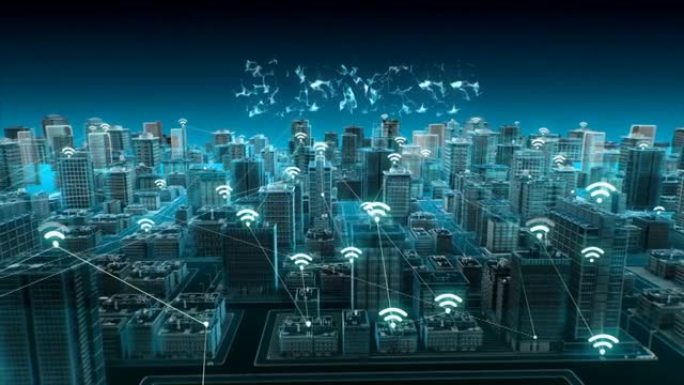 智能城市上的无线智能传感器图标，连接 “商业” 技术。蓝色x射线鸟瞰图。4k动画。