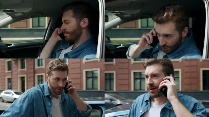 一位英俊的汽车驾驶员在车上接听电话，开始交谈并下车