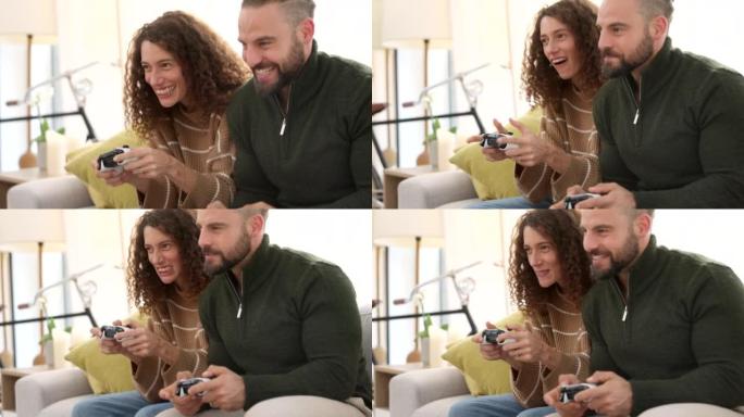 游戏，夫妻和视频游戏，女人和男人在家里竞争的同时玩在线游戏。微笑、控制和控制台，快乐的男女玩家享受乐