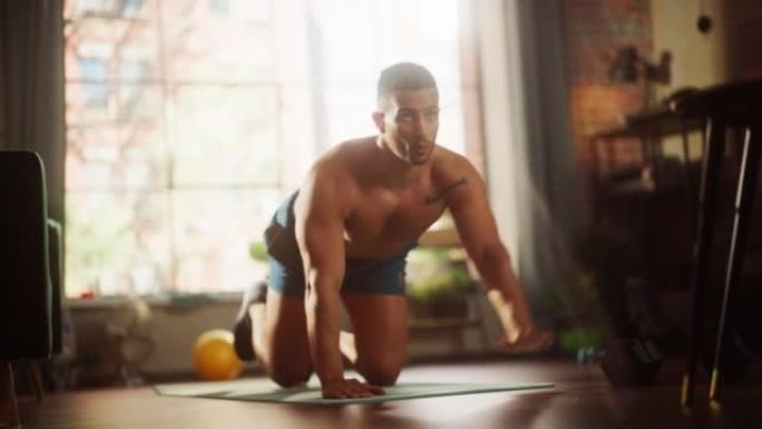 强壮的运动黑人在家庭健身房进行赤膊锻炼，对臂腿锻炼。瘦身肌肉混合种族运动员保持健康，训练。汗水和决心