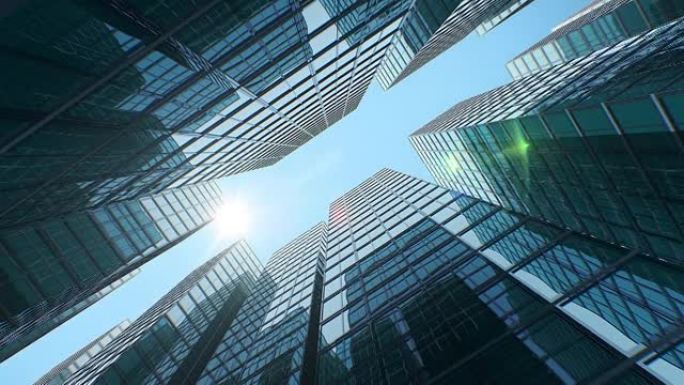 从早到晚，阳光照耀着商务中心。现代市中心摩天大楼移动太阳光抽象美丽的3d动画。