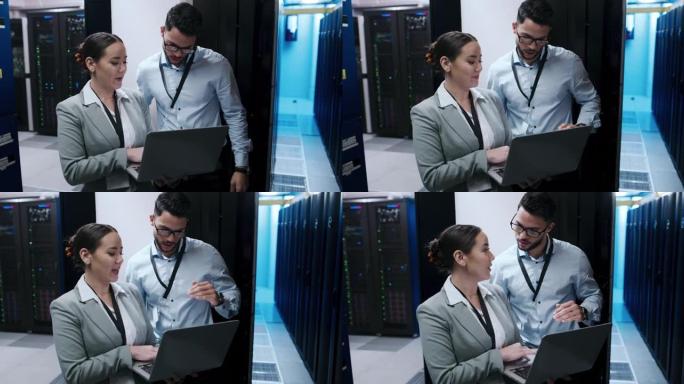 一个年轻男女在服务器室工作时使用笔记本电脑的4k视频片段
