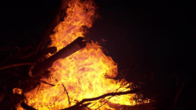 特写: 在一个宁静的露营地，一堆柴火燃烧起来。