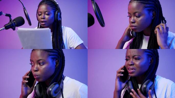 一位皮肤黝黑的年轻女子主持广播，然后在录音棚里用电话进行情感交谈