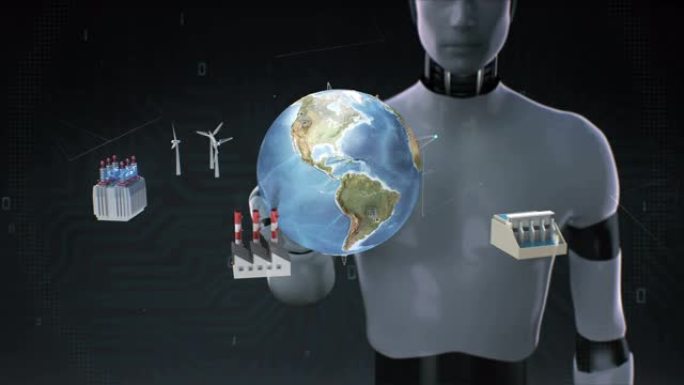 机器人触摸智能工厂，太阳能电池板，发电机连接地球。物联网，4k。2.