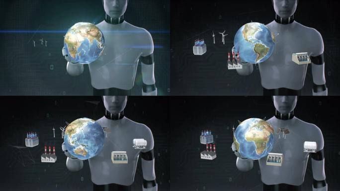 机器人触摸智能工厂，太阳能电池板，发电机连接地球。物联网，4k。2.