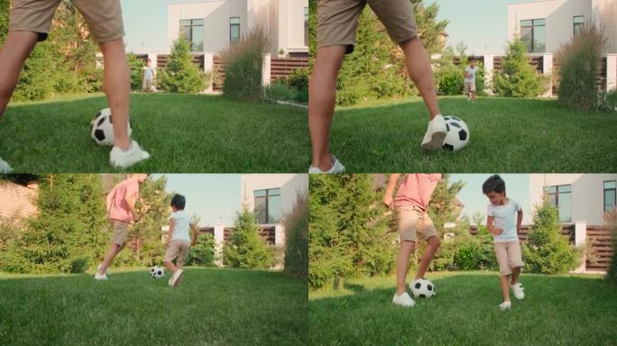 爸爸和儿子在后院踢足球