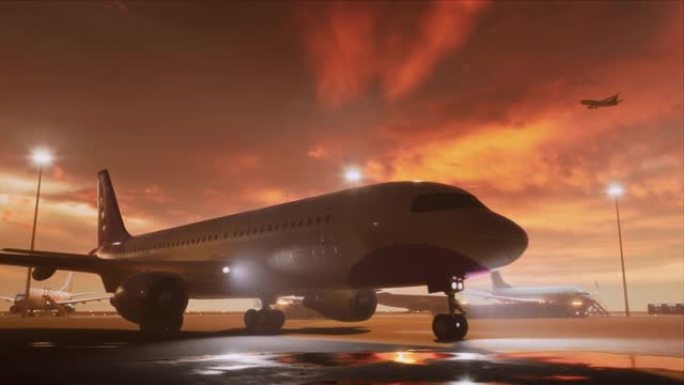 3D商用飞机在机场渲染中与飞机，客运大楼，跑道和服务机械一起拉上航站楼。现代VFX飞机夜间在国际港口