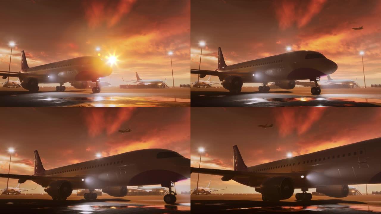 3D商用飞机在机场渲染中与飞机，客运大楼，跑道和服务机械一起拉上航站楼。现代VFX飞机夜间在国际港口